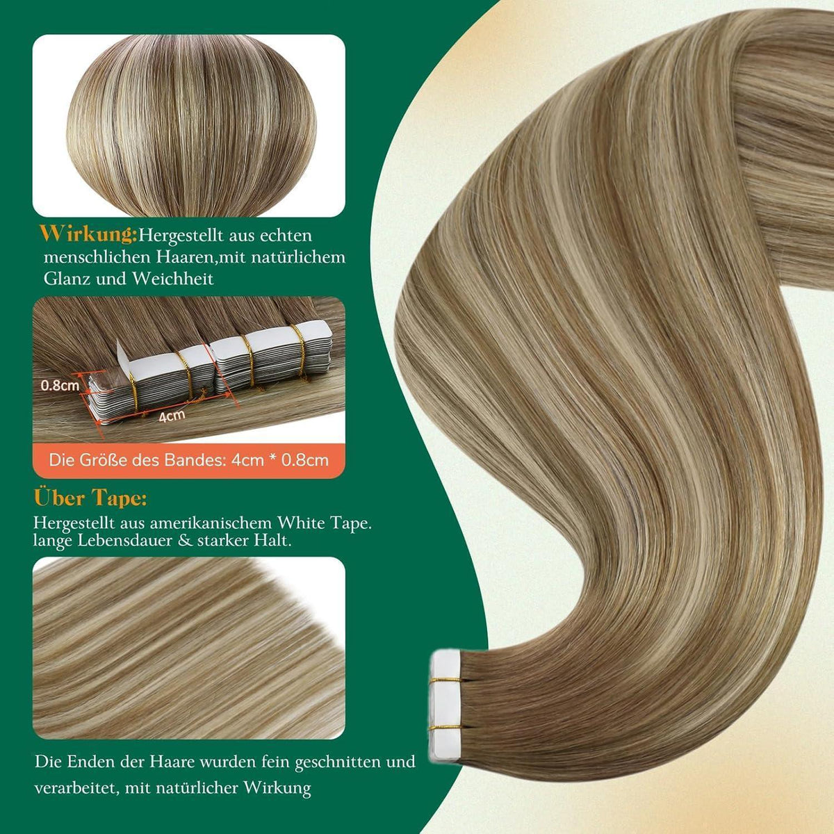 Echthaar Tape Extensions Ombre Braun Balayage Platinblond
