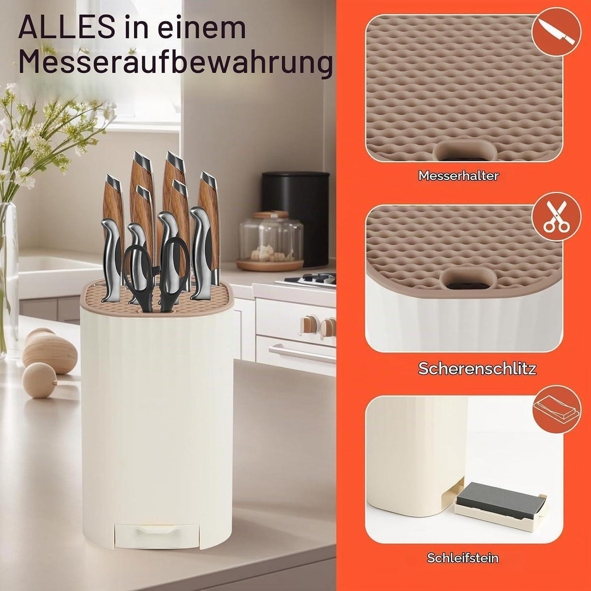 Messerblock 4in1 mit Schleifstein – Abnehmbar & Weiß