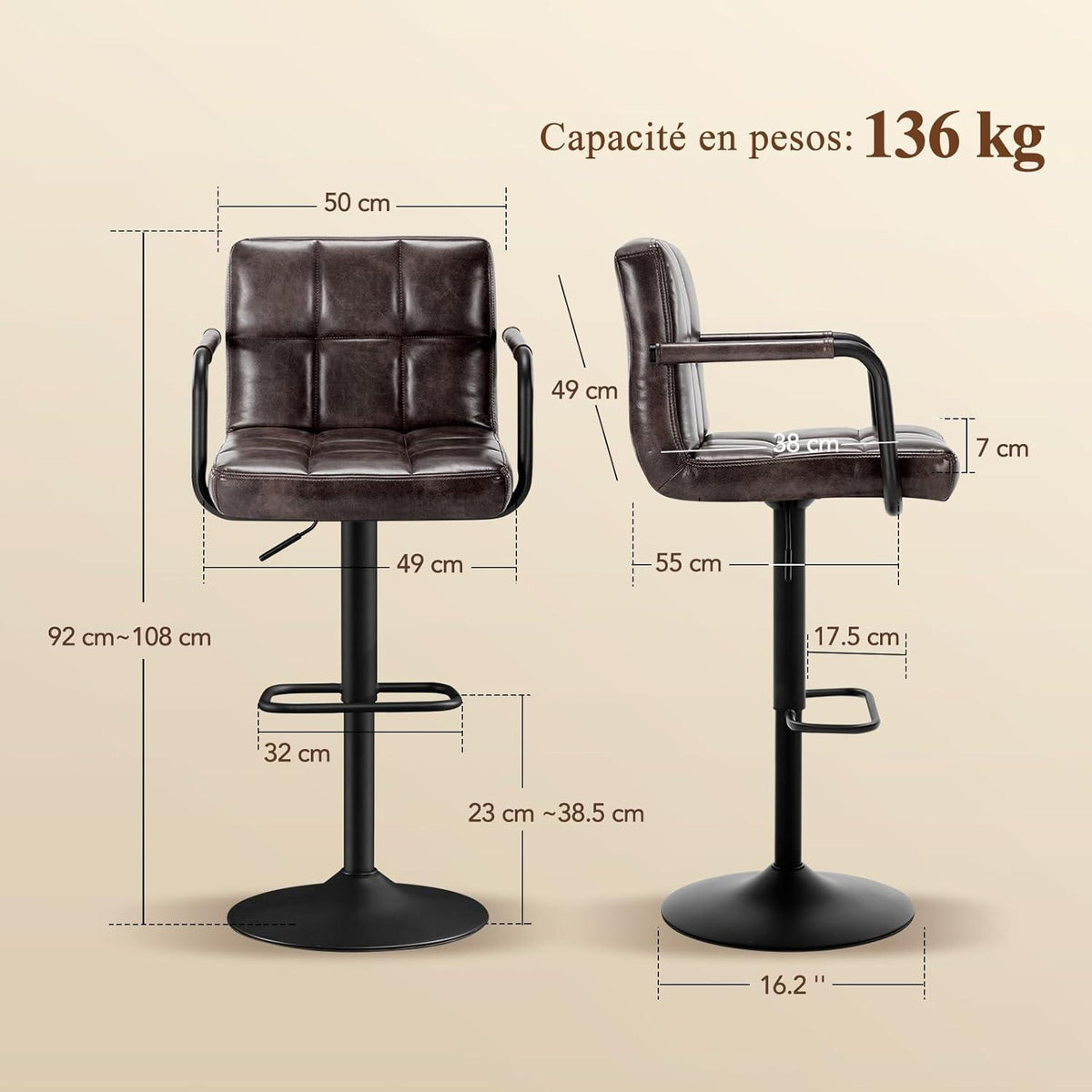 Barhocker Set 4er – Höhenverstellbar, Schwarzbraun in Lederoptik