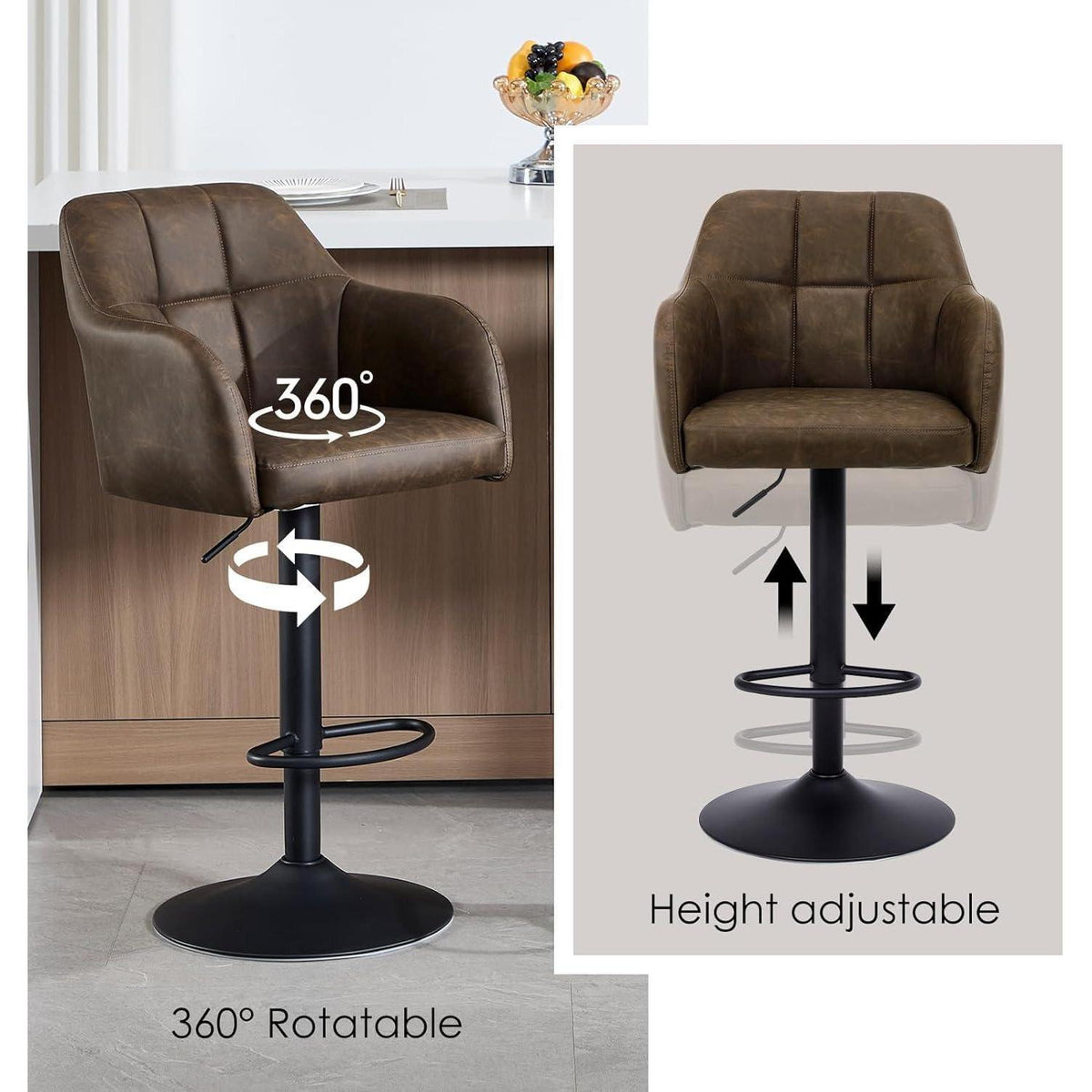 Moderner Barhocker 2er Set, höhenverstellbar & gepolstert in Lederoptik