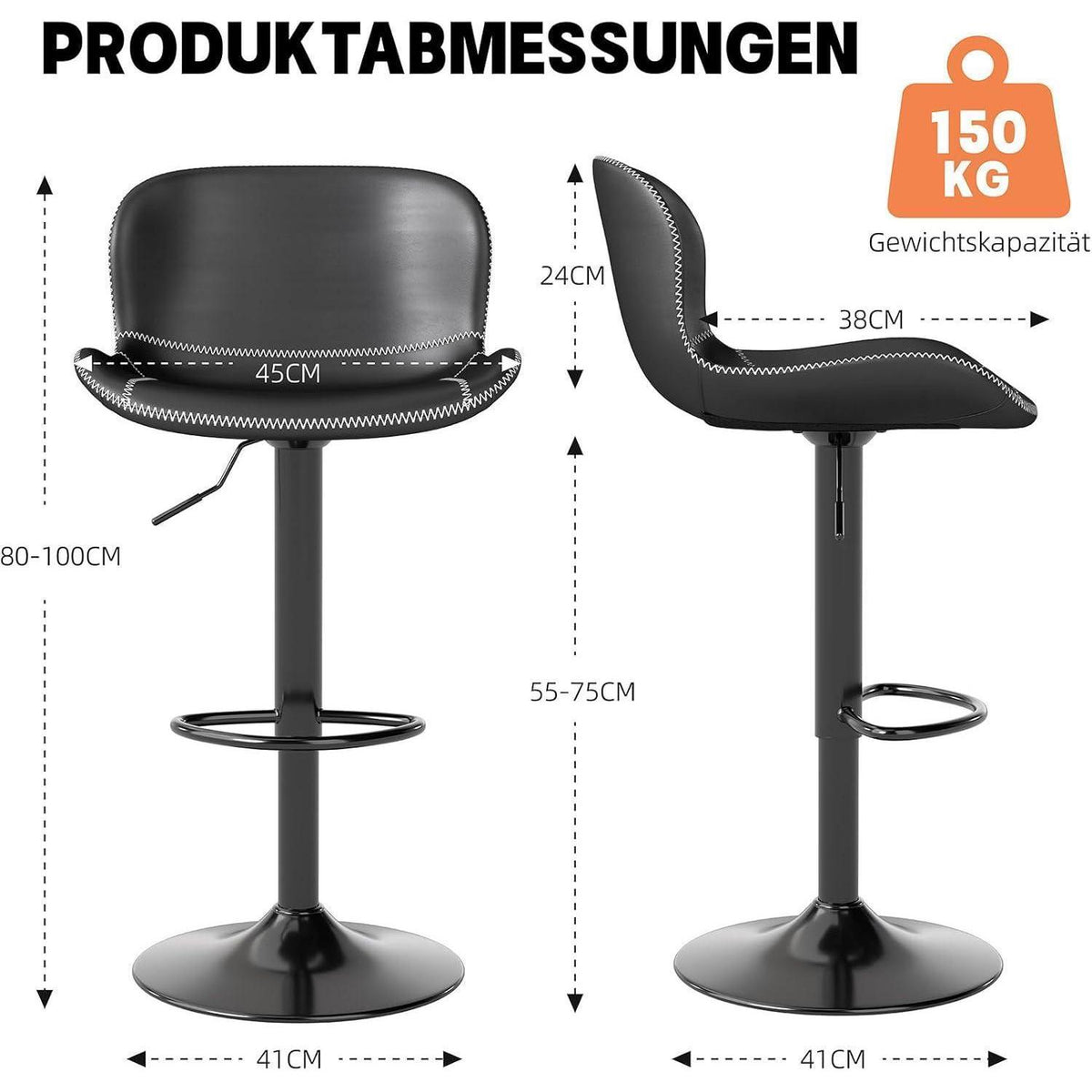 Verstellbarer Barhocker Set (4x) – Schwarz in Lederoptik