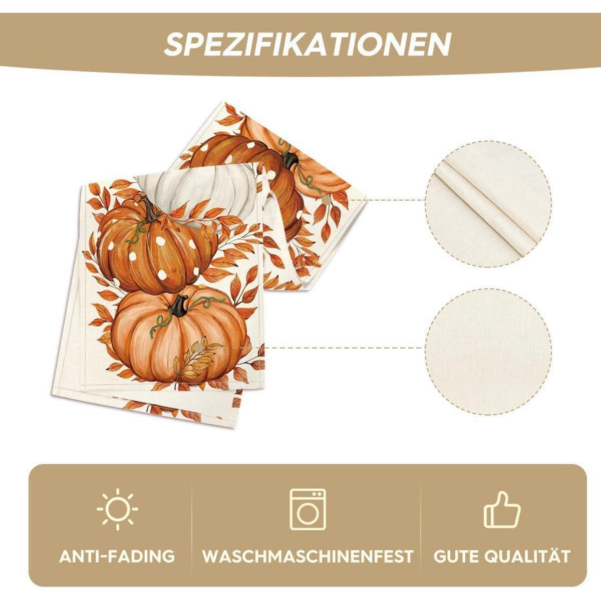 Herbst Tischläufer mit Kürbis-Motiv, 40x180 cm, Beige