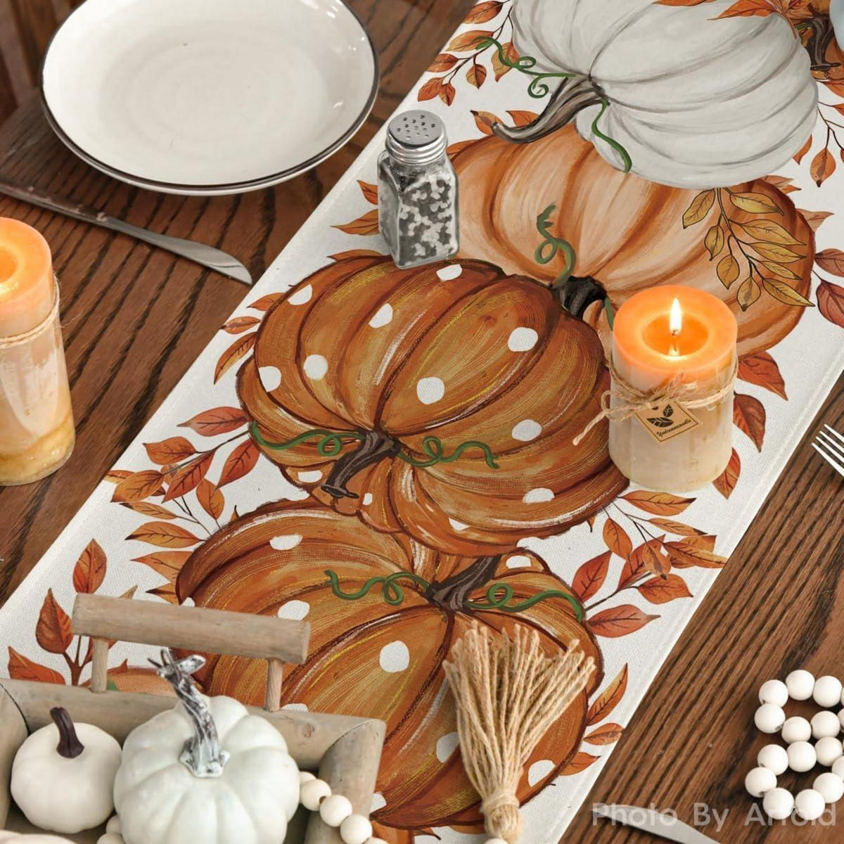 Herbst Tischläufer mit Kürbis-Motiv, 40x180 cm, Beige