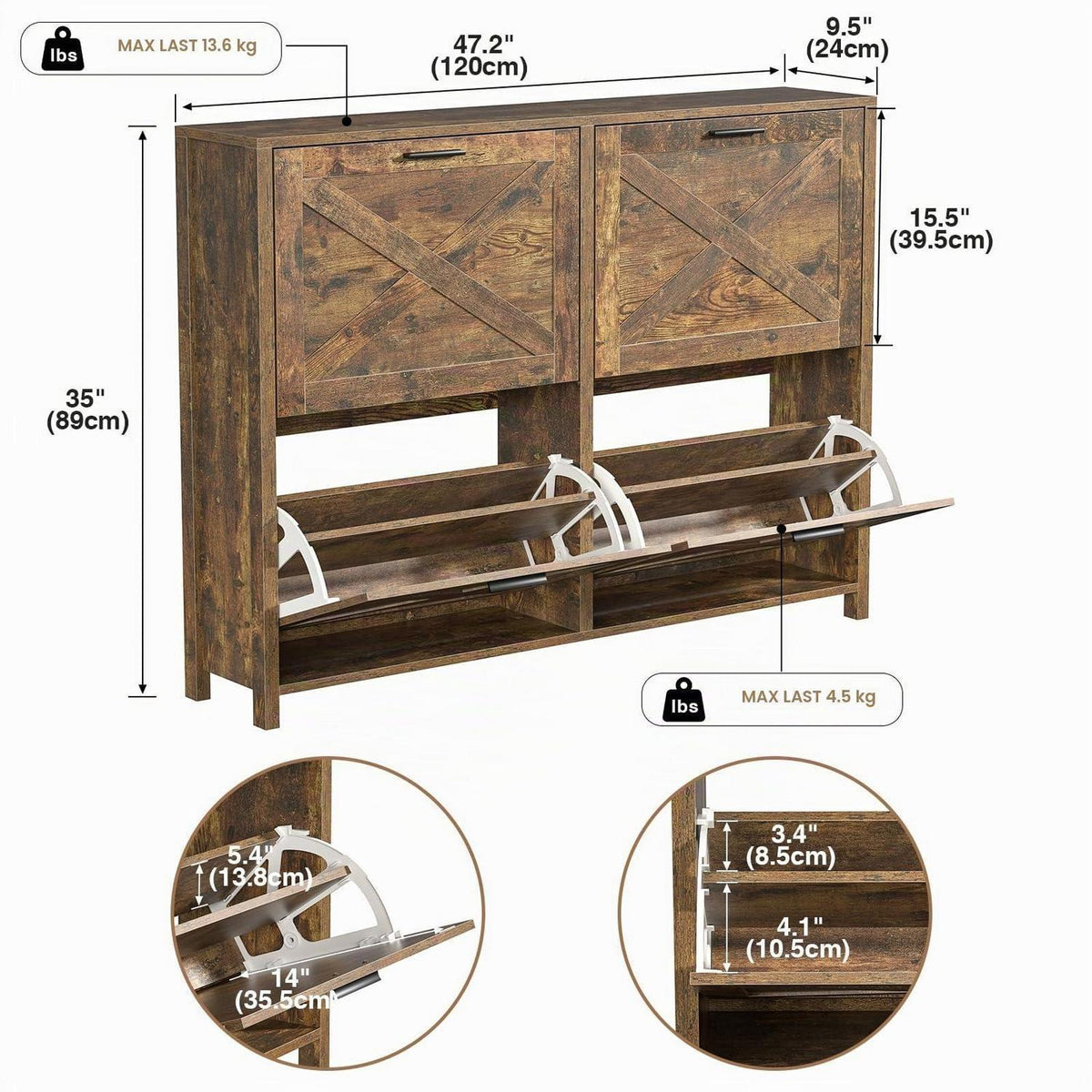 Schuhschrank schmal mit 4 Klappen – Retro Braun & FSC-Holz