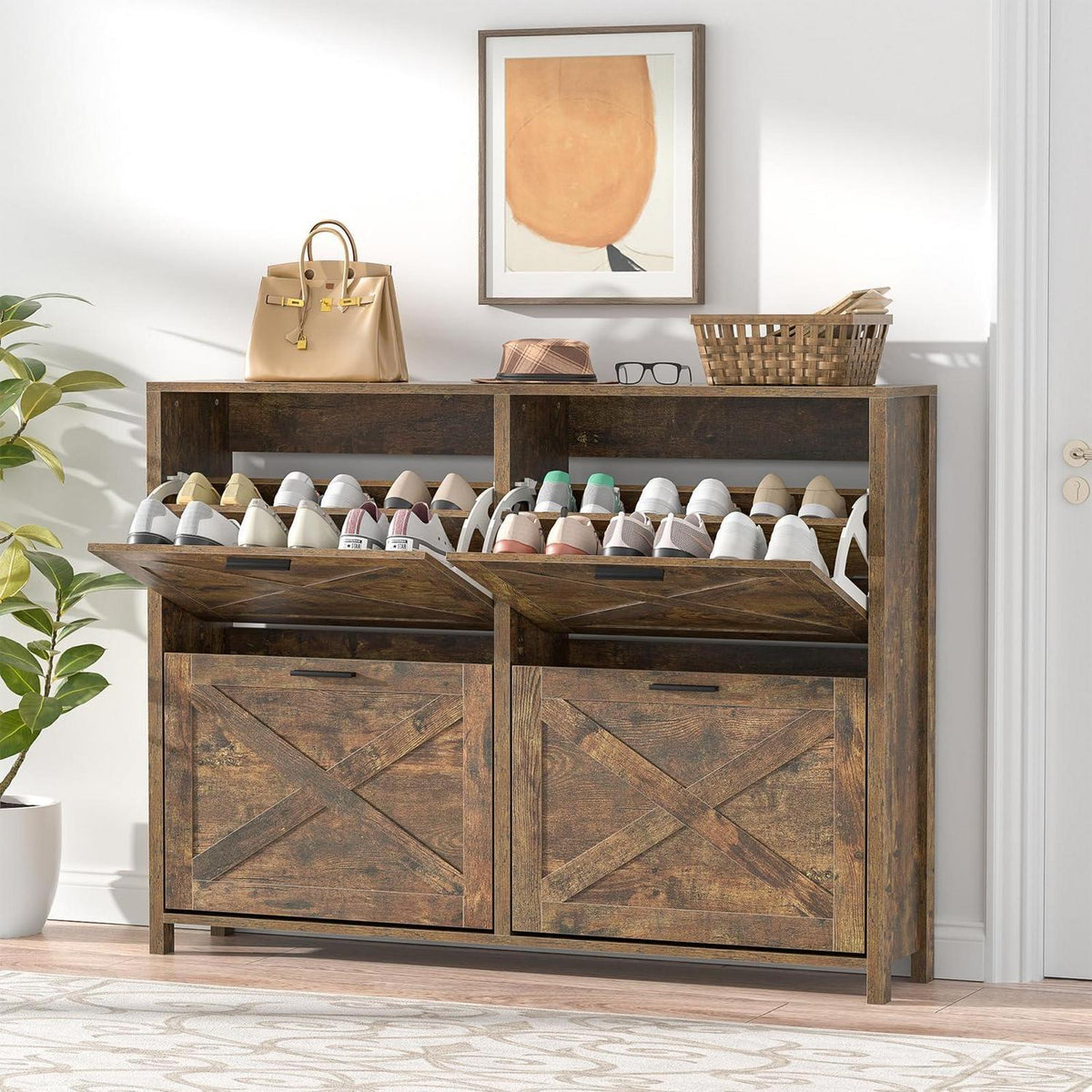 Schuhschrank schmal mit 4 Klappen – Retro Braun & FSC-Holz