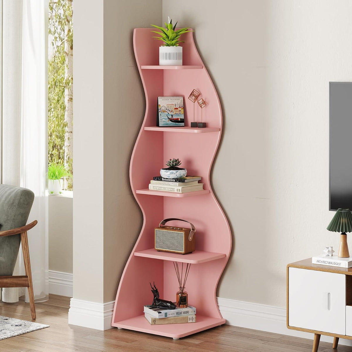 5-stufiges Eckregal Rosa – Bücherregal & Pflanzenständer