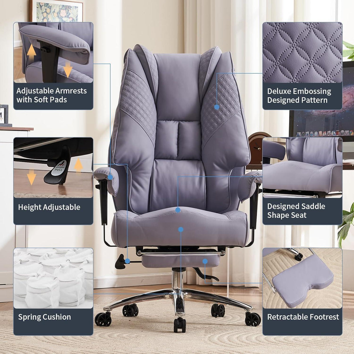 XXL Ergonomischer Bürostuhl mit hoher Rückenlehne, bis 200 kg belastbar (Helllila)
