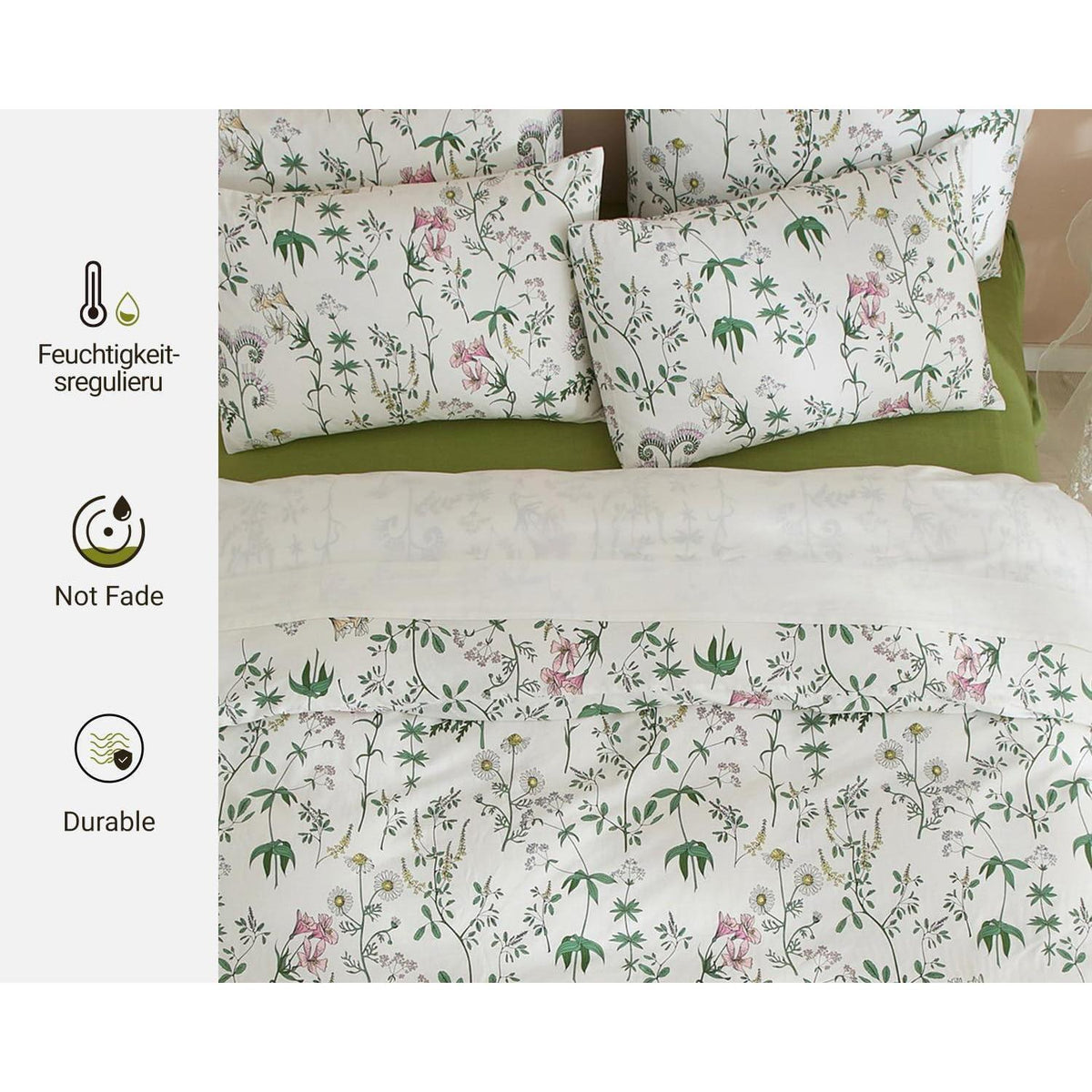 Blumen Bettwäsche Set 200x220 Baumwolle Weiß 3tlg.