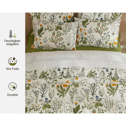 Blumen Bettwäsche Set 135x200 Baumwolle Weiß Grün 4tlg.