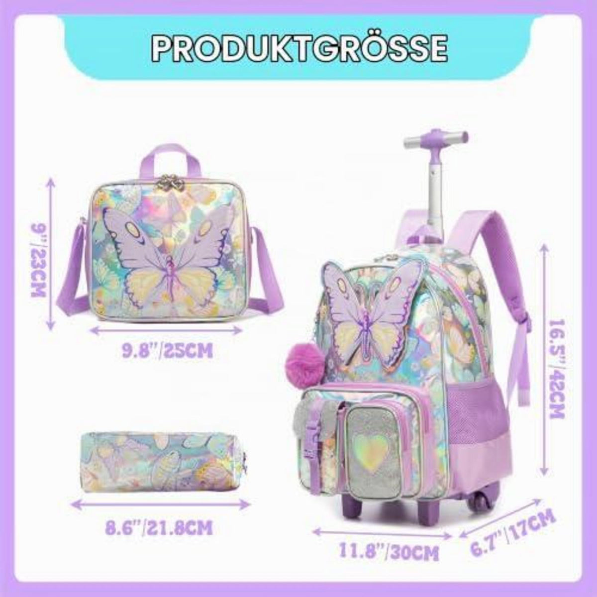 Kinder Trolley Rucksack mit Schmetterling – Schulrucksack auf Rädern