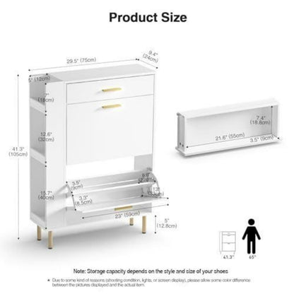 Weißer Schuhschrank mit 2 Schubladen & Fächern (75x24x105cm)