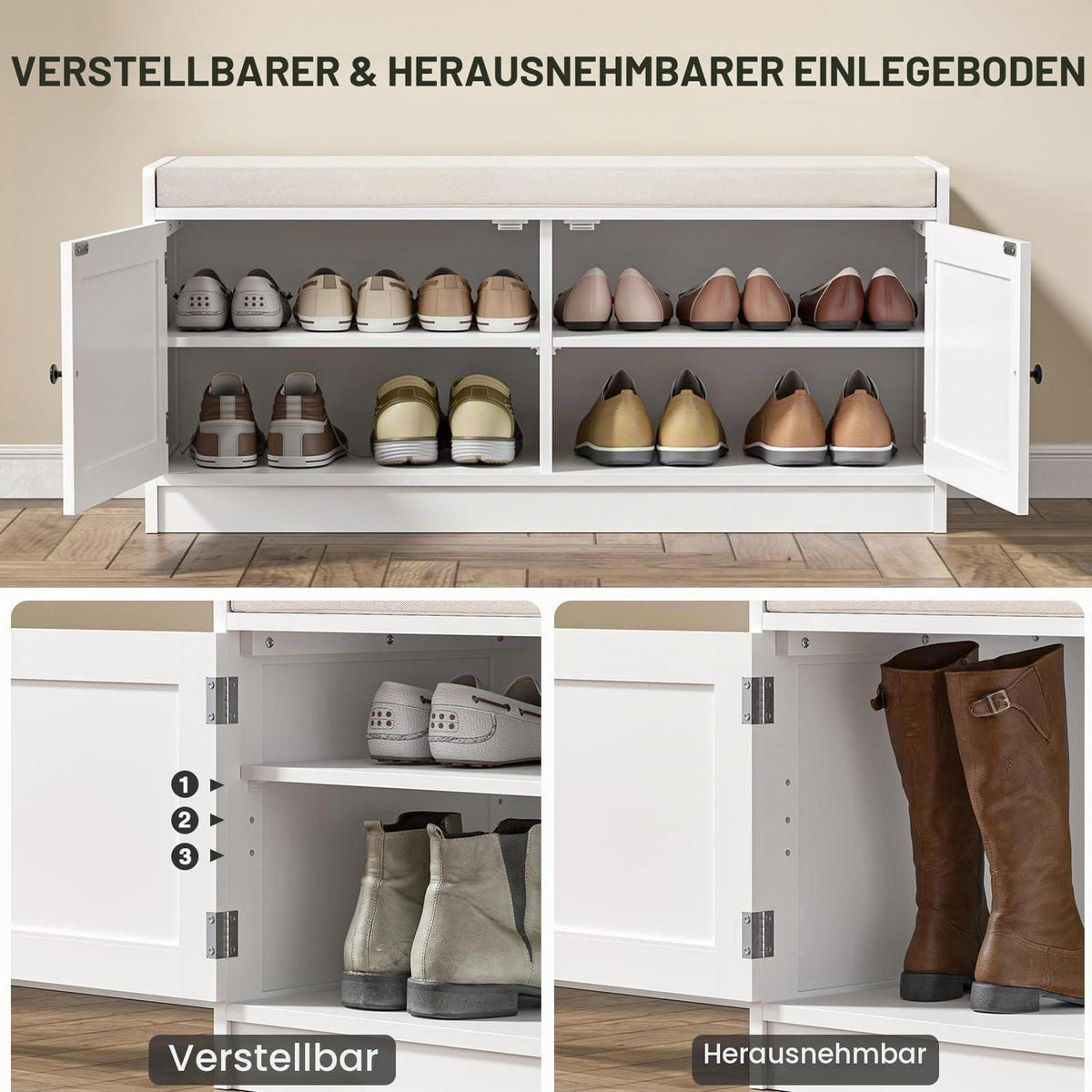 Schuhbank mit Sitzfläche & Stauraum – Weißes Holzregal für Flur