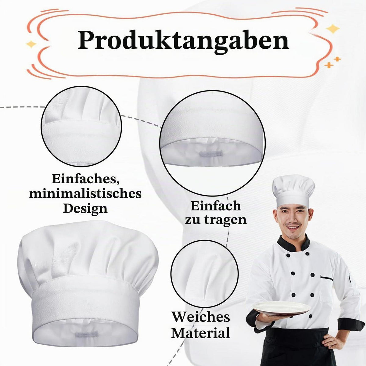 Kochmütze Weiß Baumwolle Unisex für Erwachsene
