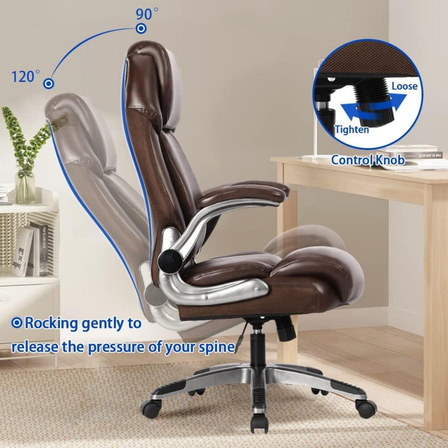 KCREAM Ergonomischer Bürostuhl mit gepolsterten Klapparmlehnen, höhenverstellbar, Braun