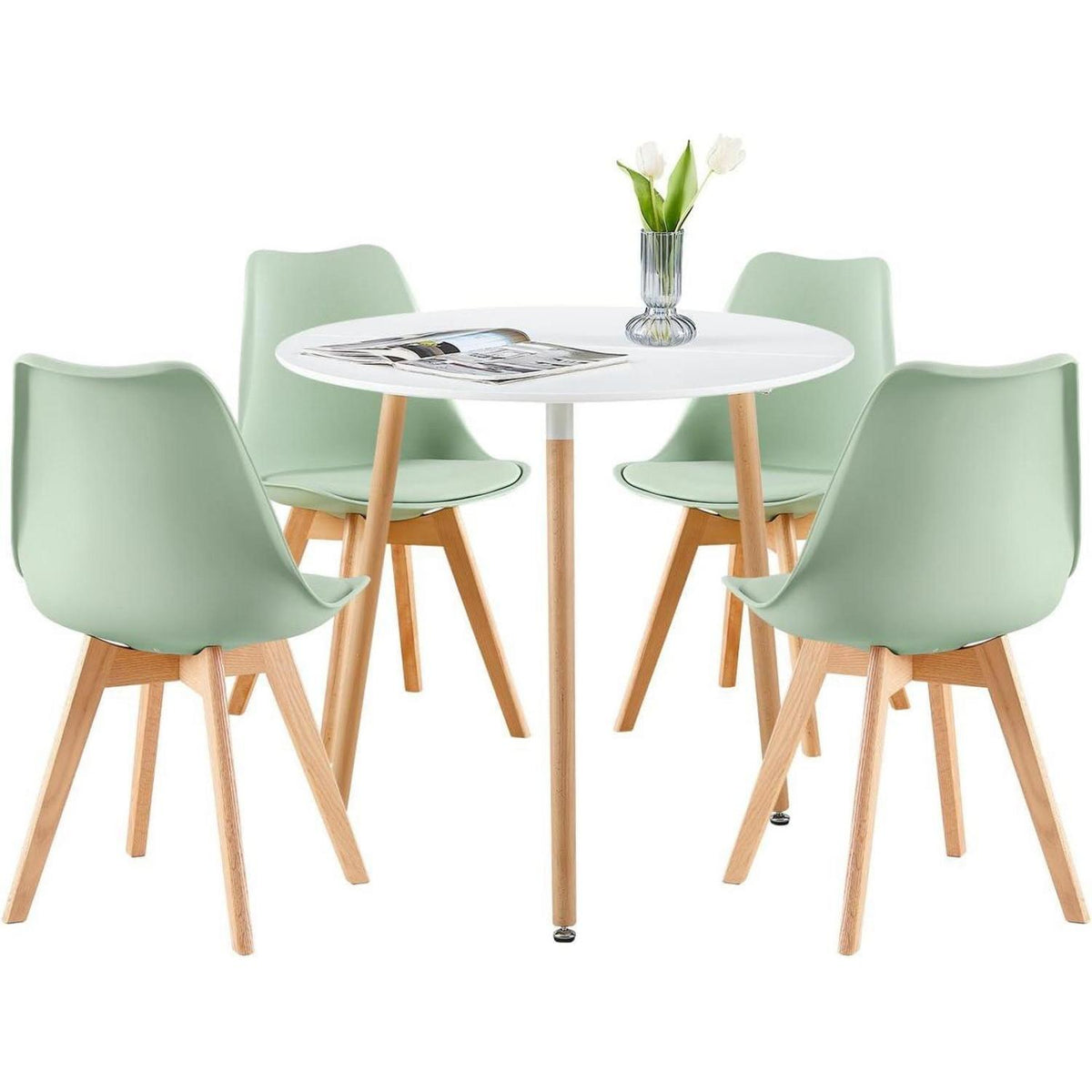 Runde Essgruppe weiß/eisgrün: Tisch + 4 skandinavische Stühle