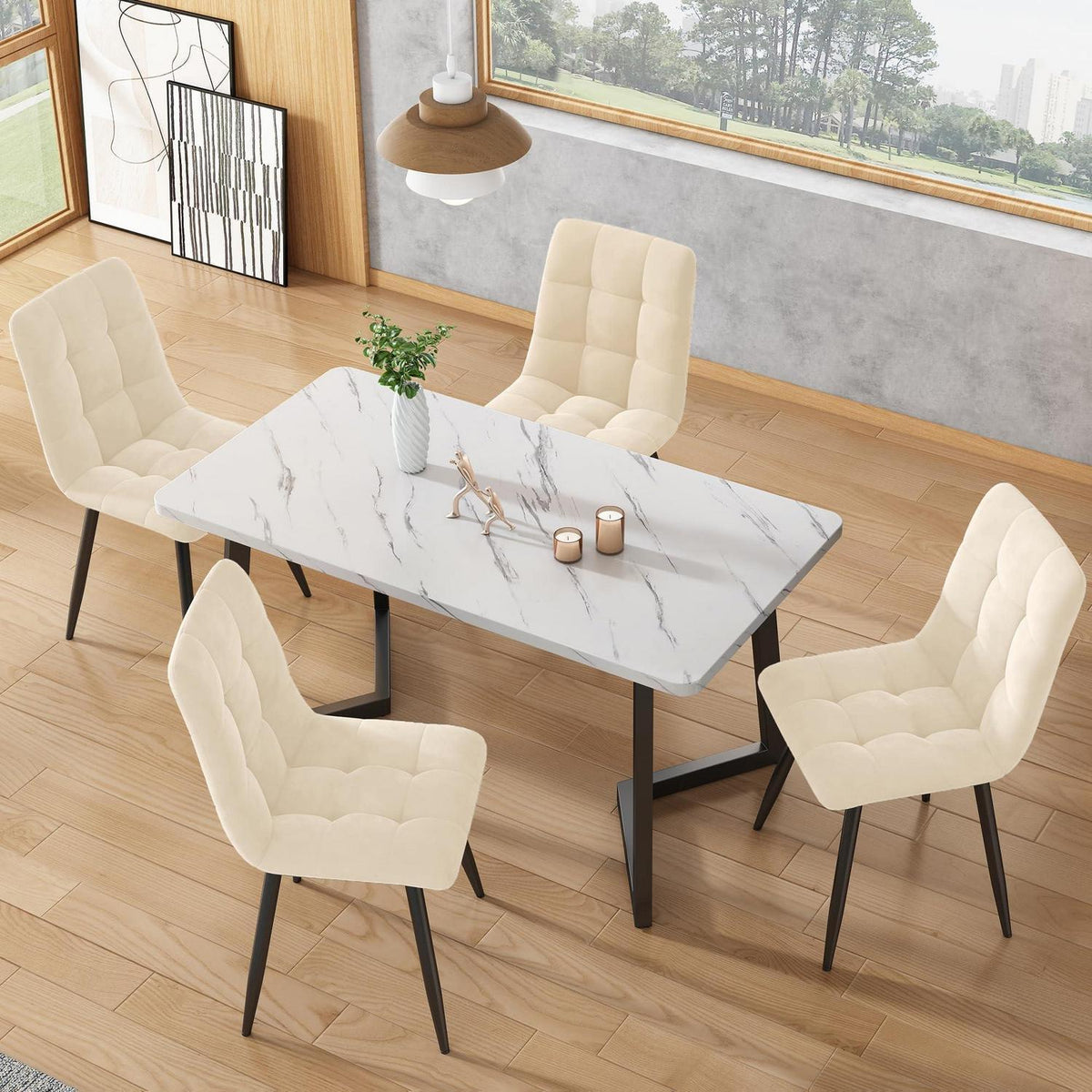 Esstisch Set 117cm mit 4 Samtstühlen – Modernes Esszimmer Set