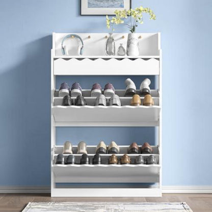 Schuhschrank Schmal mit Schublade & Haken – Weiß/Eiche