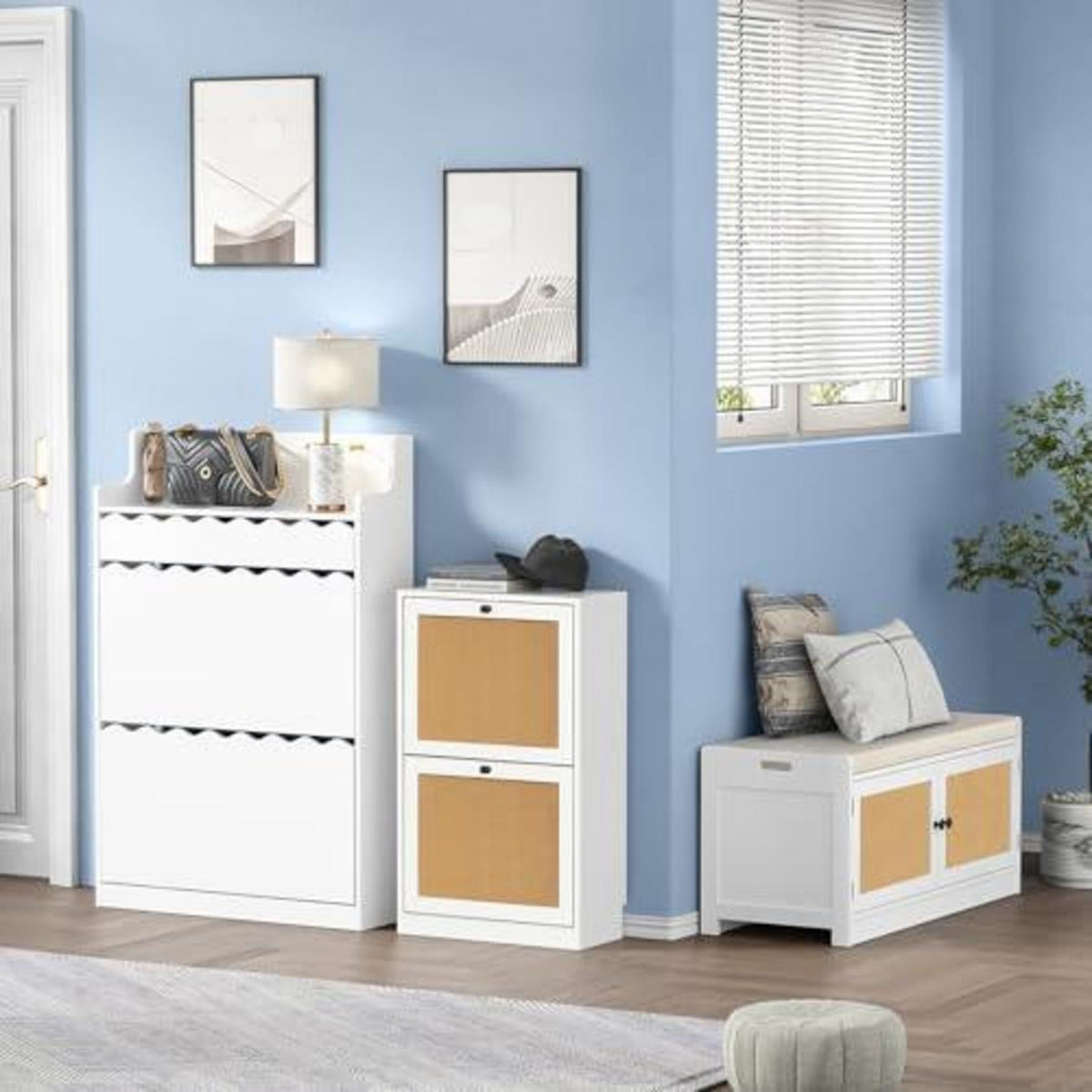 Schuhschrank Schmal mit Schublade & Haken – Weiß/Eiche