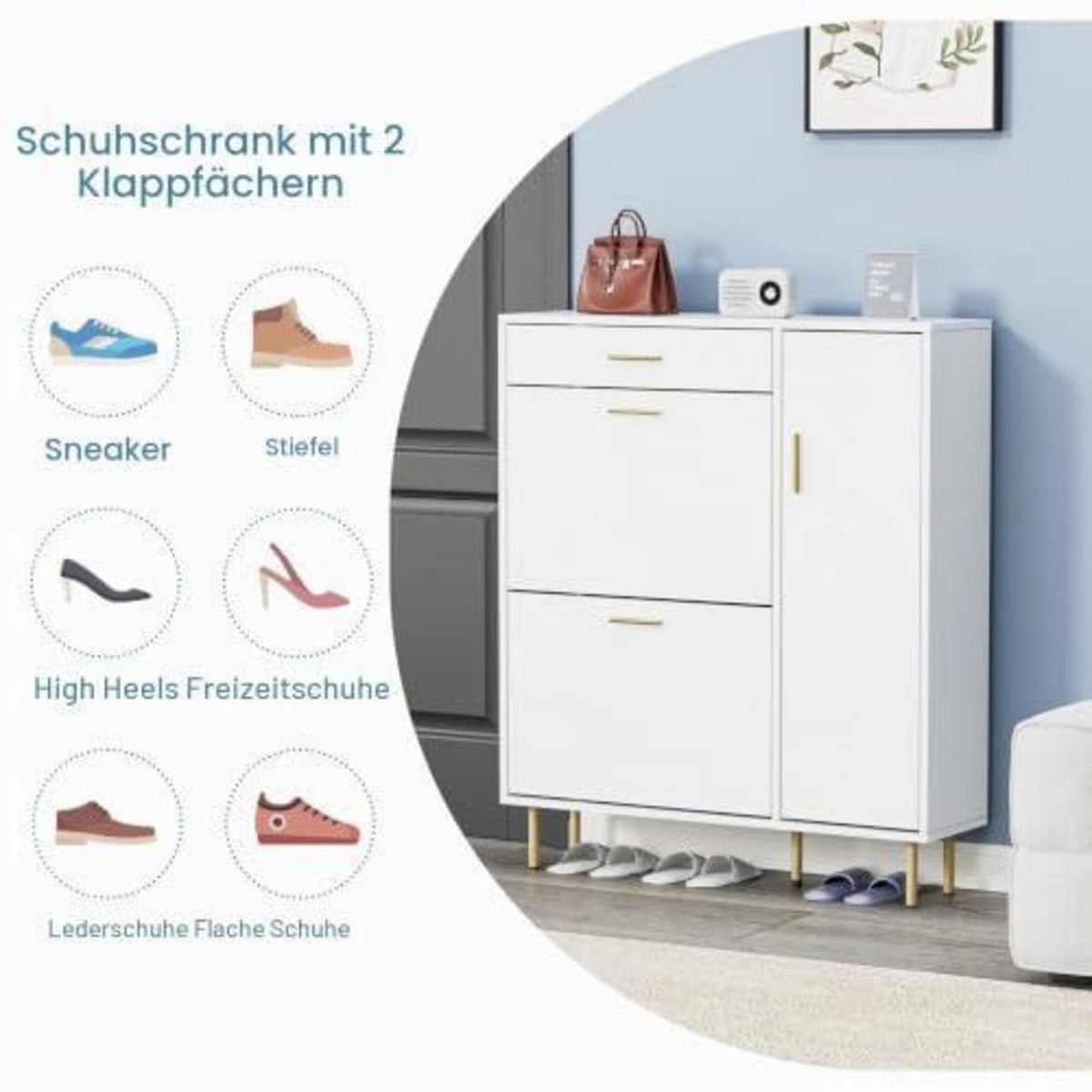 Weißer Schuhschrank mit Klappen & Schublade – Schuhregal für 14-18 Paar
