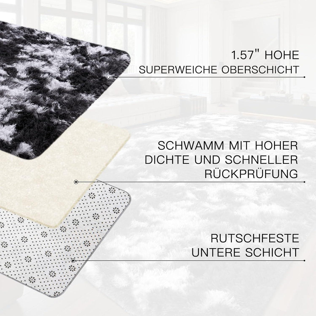 Hochflor Teppich Grau 160x230 – Waschbarer Shaggy Wohnzimmer Teppich