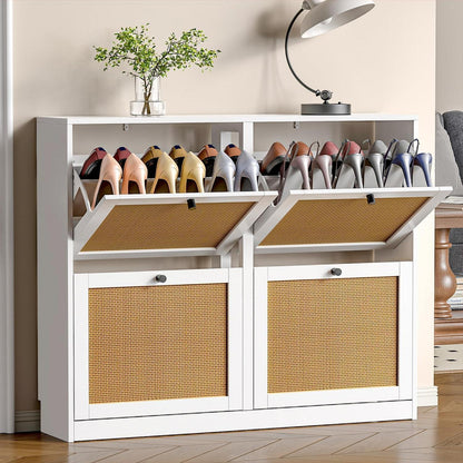 Weißer Schuhschrank mit 4 Klappen & Rattan – Platzsparend & Verstellbar