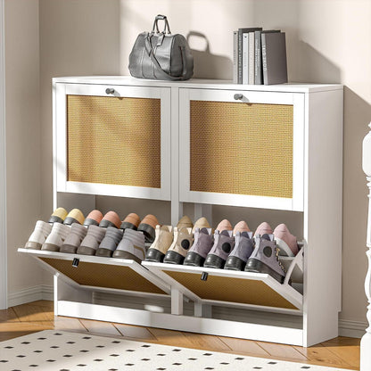 Weißer Schuhschrank mit 4 Klappen & Rattan – Platzsparend & Verstellbar