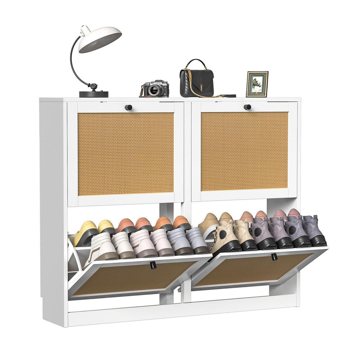 Weißer Schuhschrank mit 4 Klappen & Rattan – Platzsparend & Verstellbar