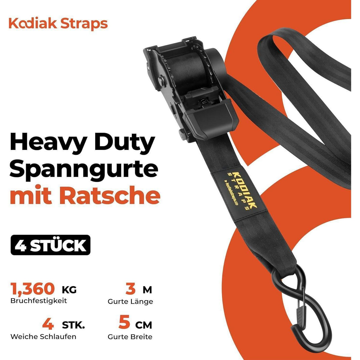 Spanngurte Automatik 3m mit S-Haken – 4er Set Schwarz
