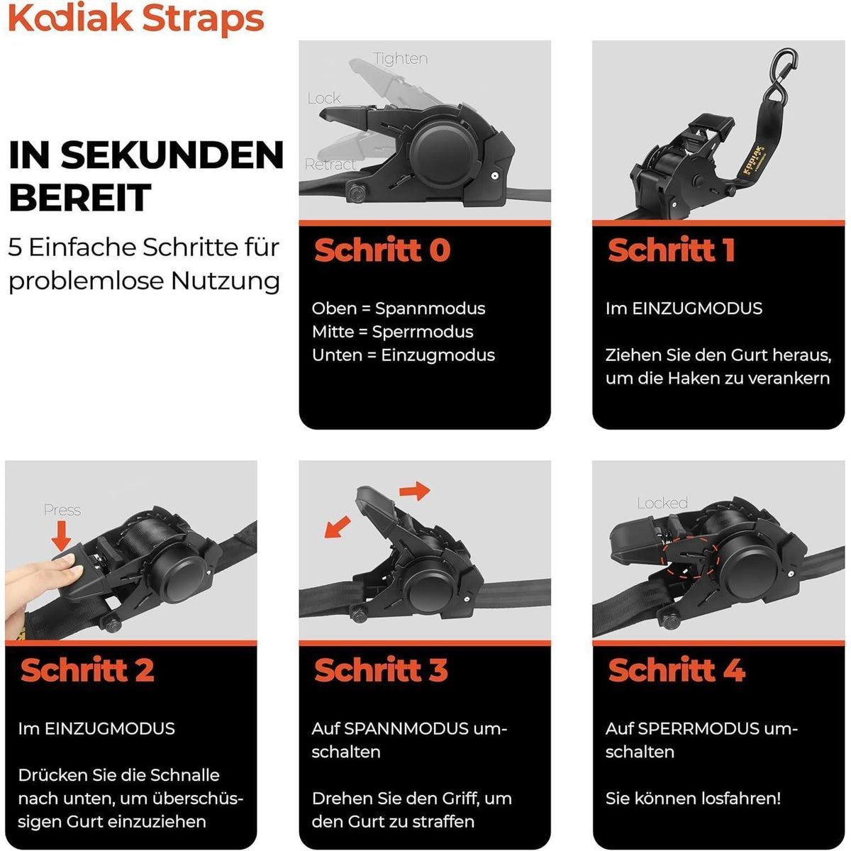 Spanngurte Automatik 3m mit S-Haken – 4er Set Schwarz