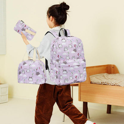 Schulrucksack Set Mädchen Katze Lila – Rucksack, Lunch Tasche & Federmäppchen