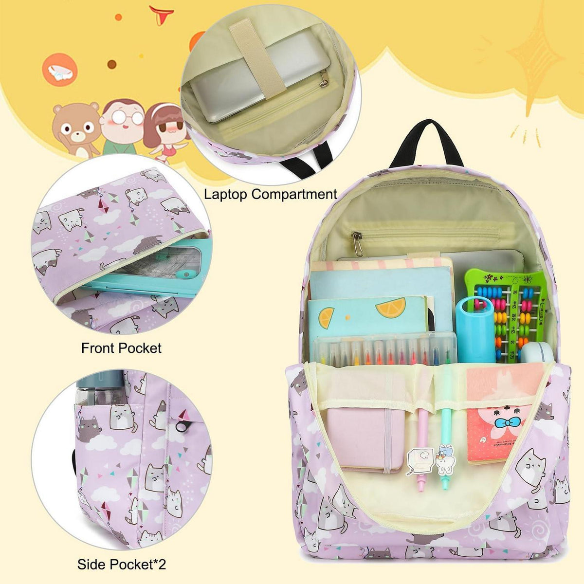 Schulrucksack Set Mädchen Katze Lila – Rucksack, Lunch Tasche & Federmäppchen