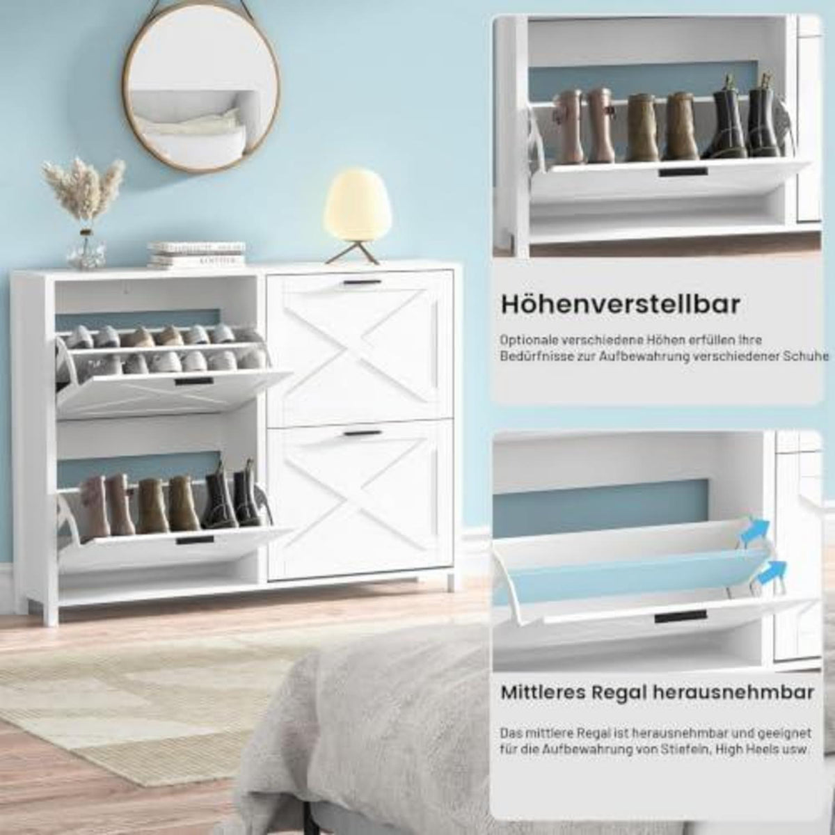 Weißer Schuhschrank mit 2 Klappen & Schublade – 120x24x89cm