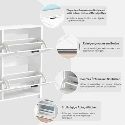 Weißer Schuhschrank mit 2 Klappen & Schublade – 120x24x89cm