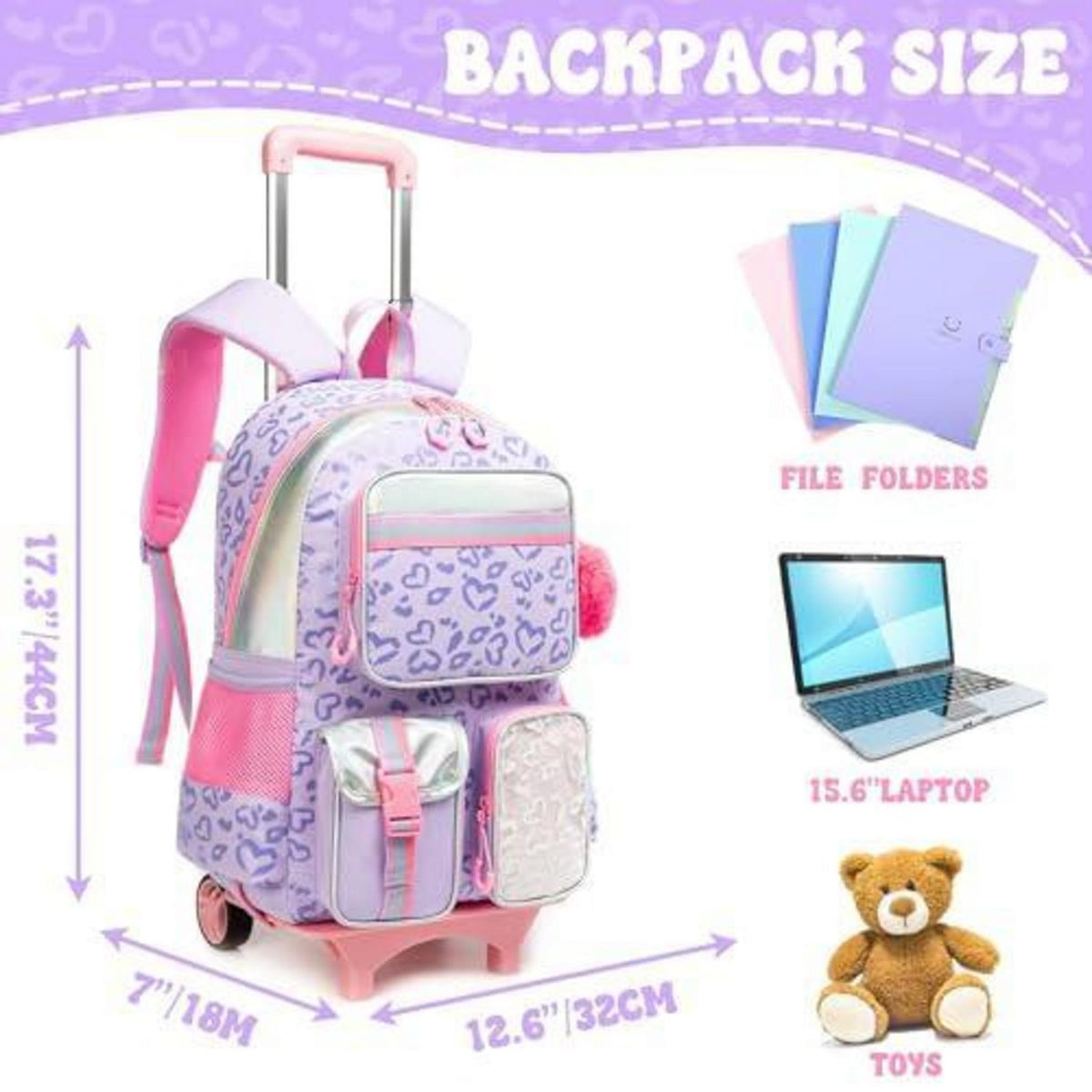 Schulranzen mit Rollen für Mädchen – Lila Herz Trolley Rucksack