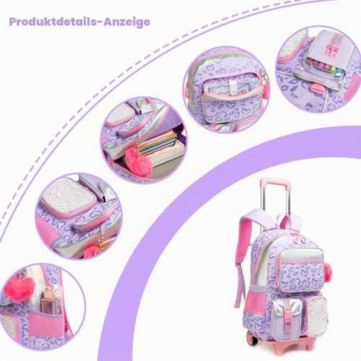 Schulranzen mit Rollen für Mädchen – Lila Herz Trolley Rucksack