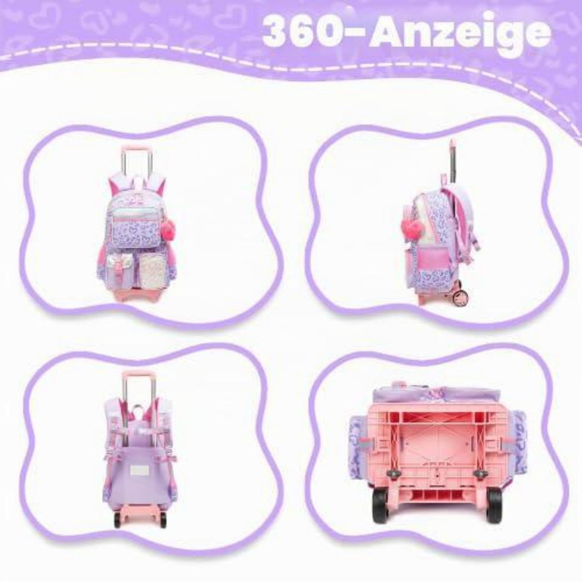 Schulranzen mit Rollen für Mädchen – Lila Herz Trolley Rucksack