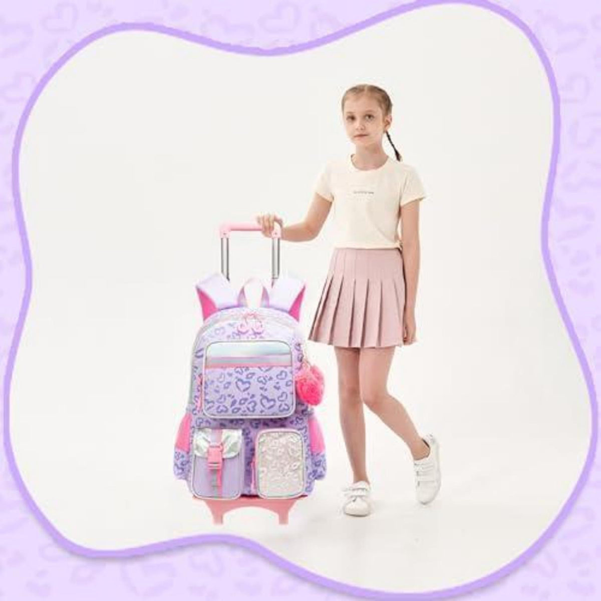 Schulranzen mit Rollen für Mädchen – Lila Herz Trolley Rucksack