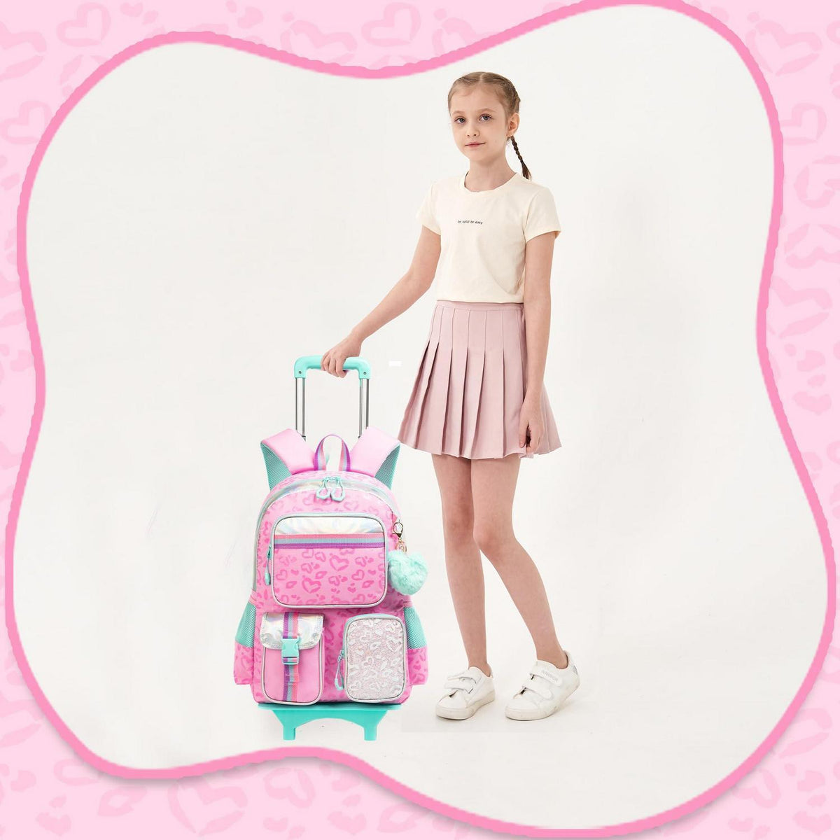 Schulranzen mit Rollen für Mädchen – Rosa Herz Trolley Rucksack