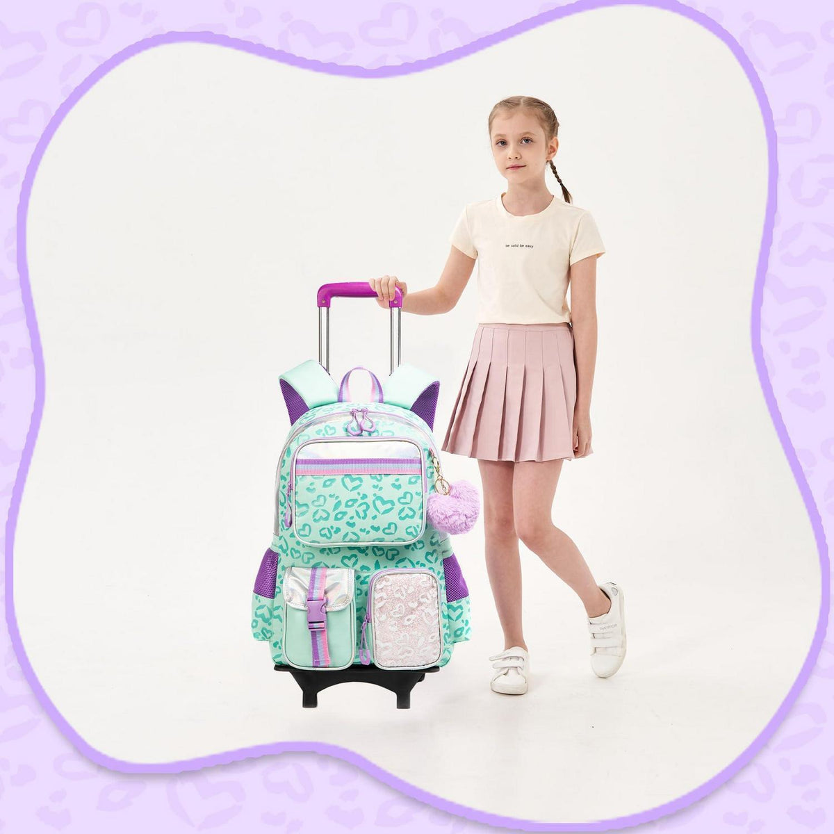 Kinder Trolley Rucksack mit Rollen – Grüner Schulrucksack für Mädchen