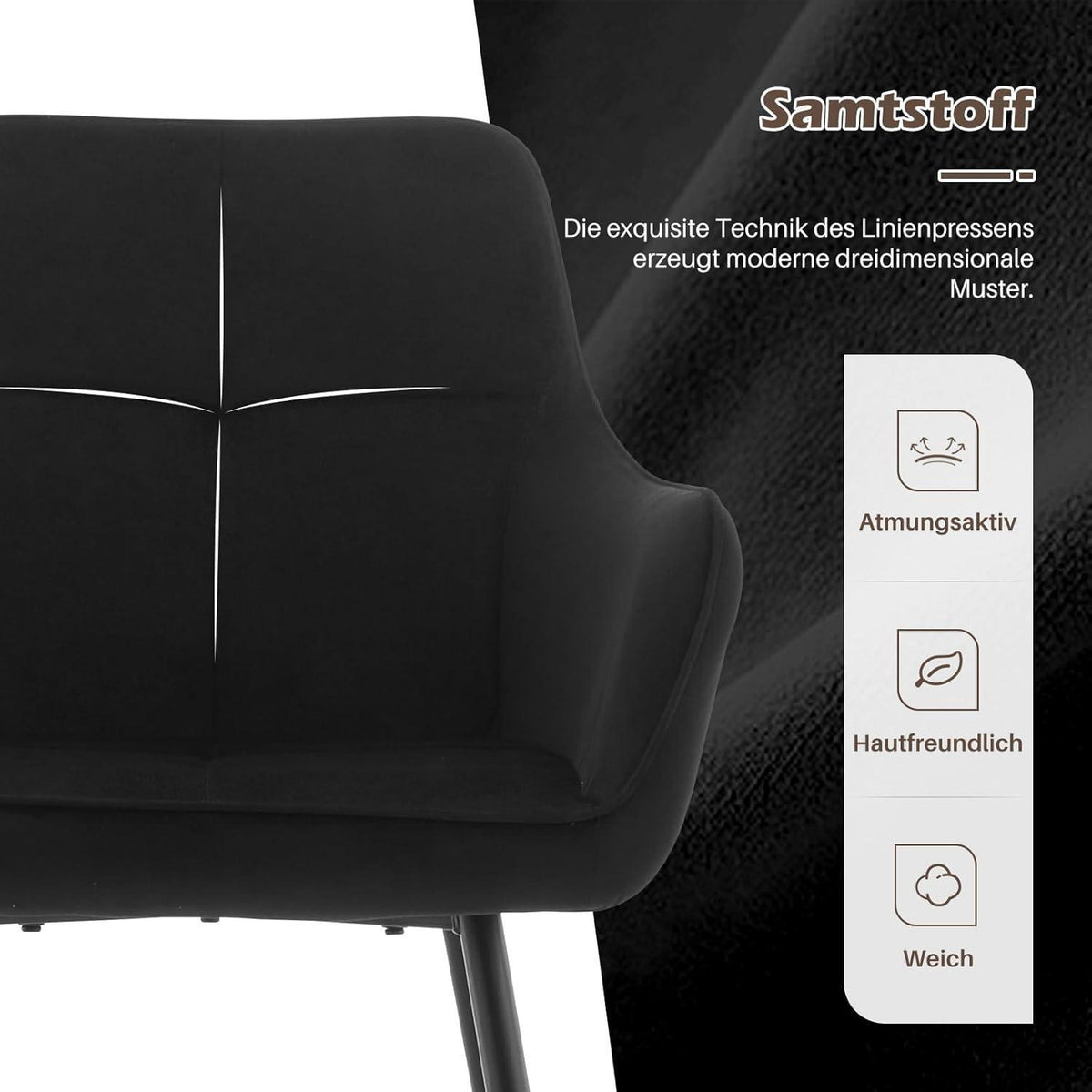Moderne Esszimmerstühle 2er Set mit Armlehnen Schwarz Samt