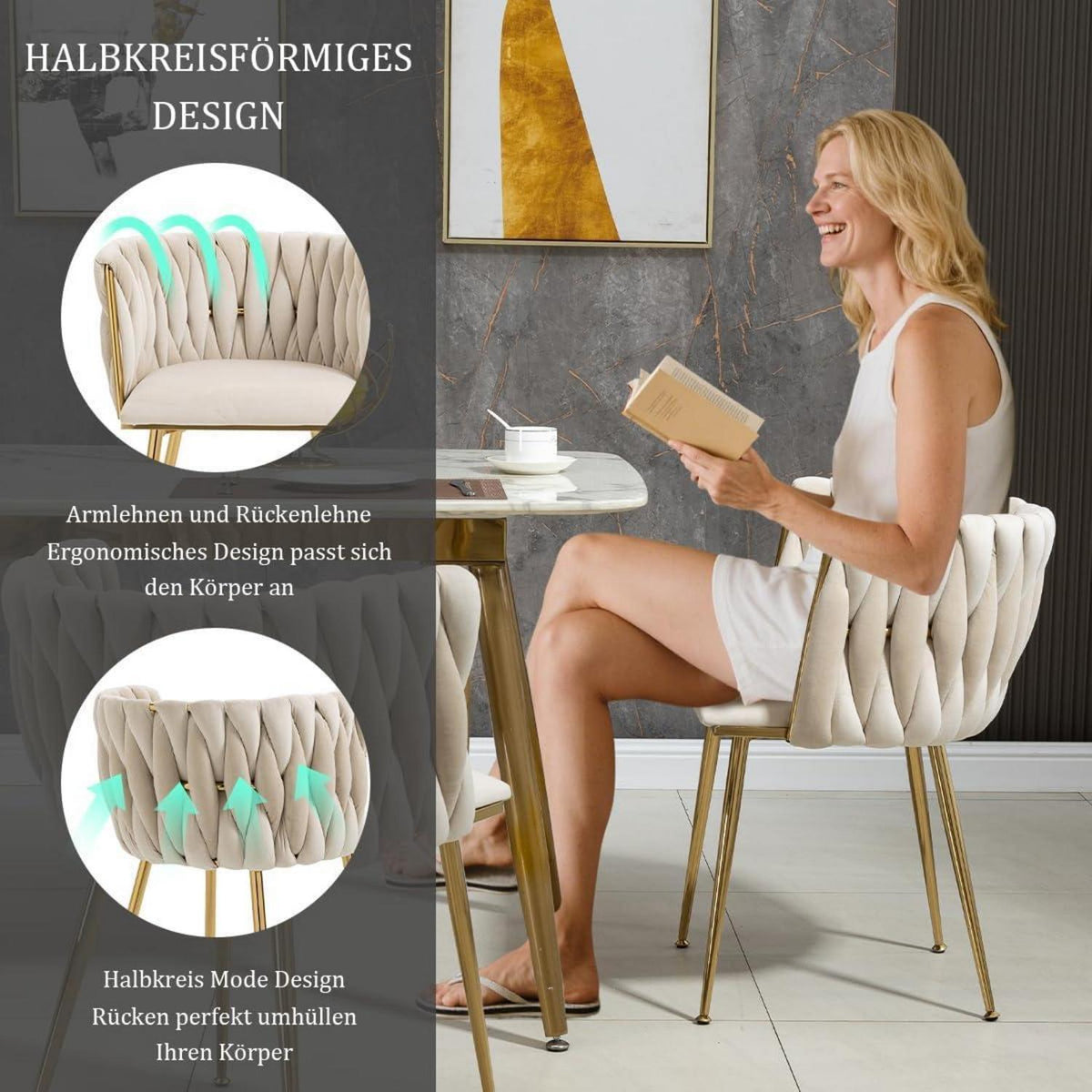 Samt Esszimmerstühle 2er Set mit goldenen Beinen