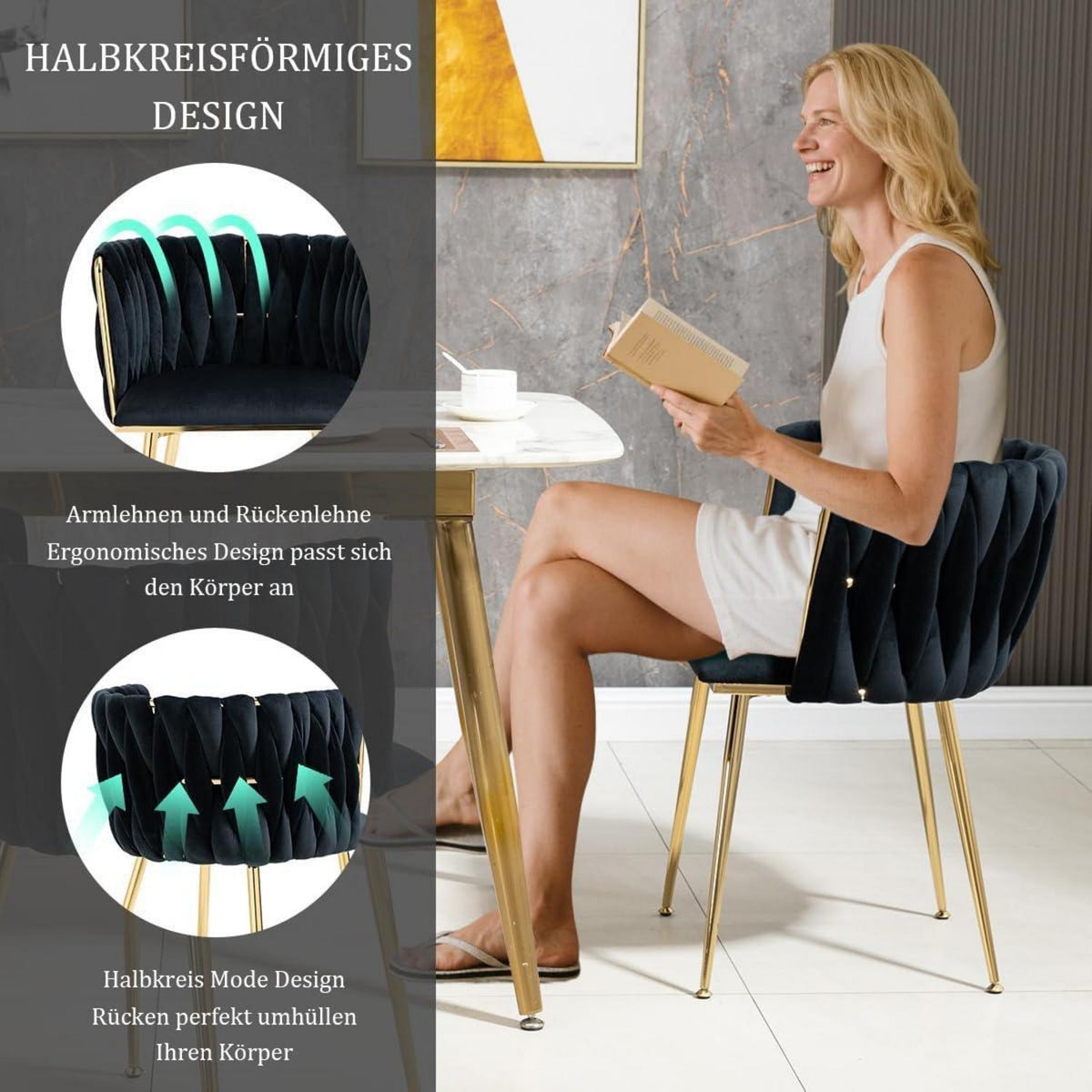 Samt Esszimmerstühle 2er Set mit goldenen Beinen