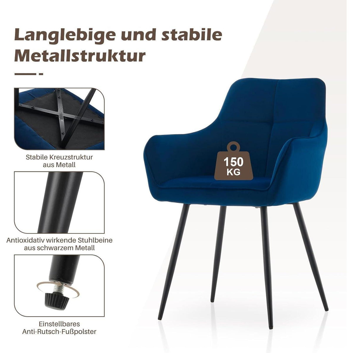 Blau Samt Esszimmerstühle 6er Set mit Armlehne
