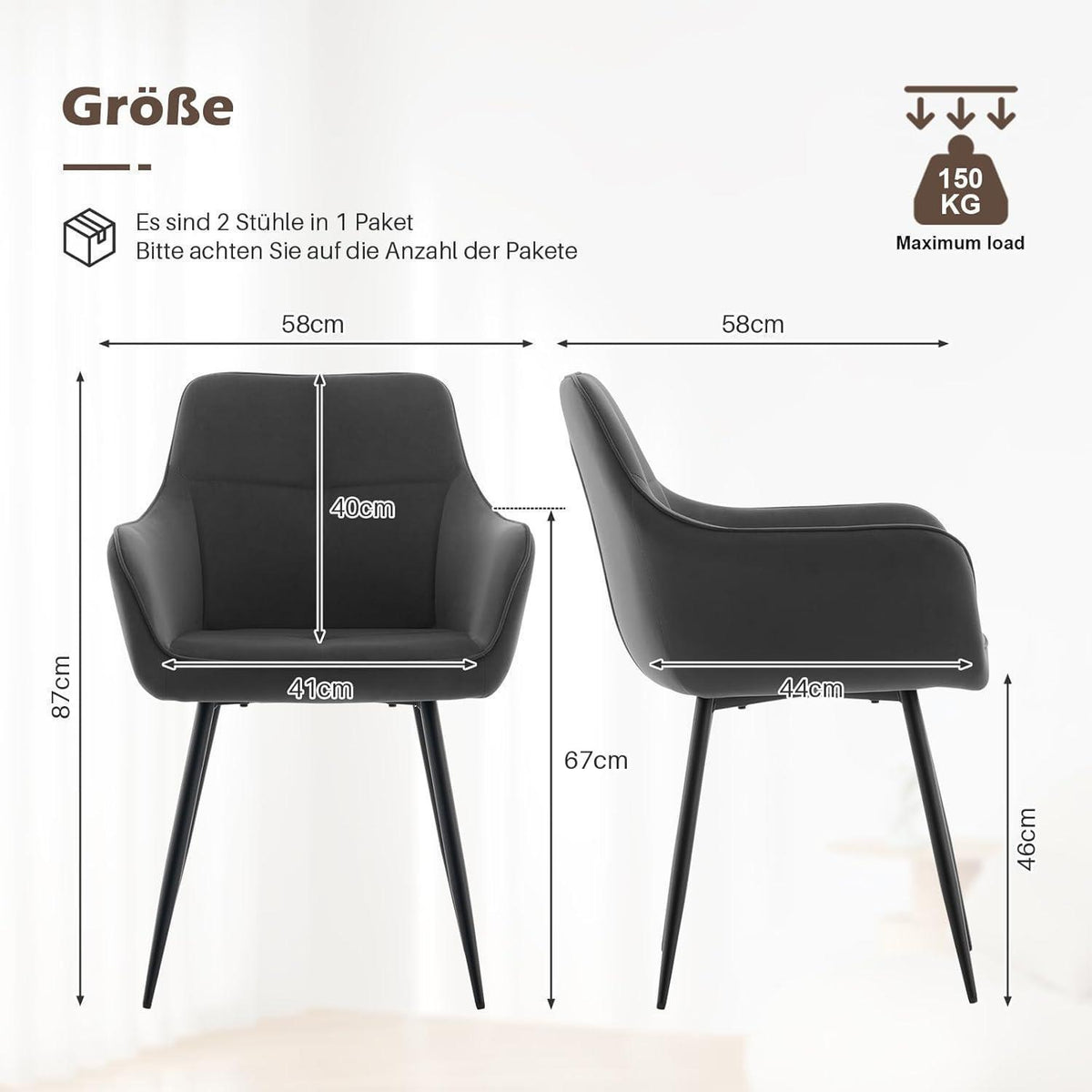Graue Samt Esszimmerstühle 4er-Set mit Armlehnen & Metallgestell