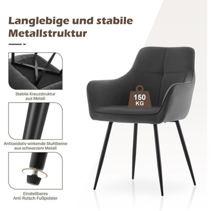 Graue Samt Esszimmerstühle 4er-Set mit Armlehnen & Metallgestell