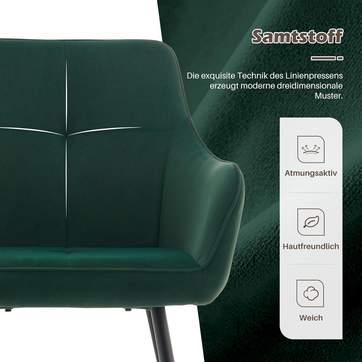 Samt Esszimmerstühle 2er Set mit Armlehnen, Grün