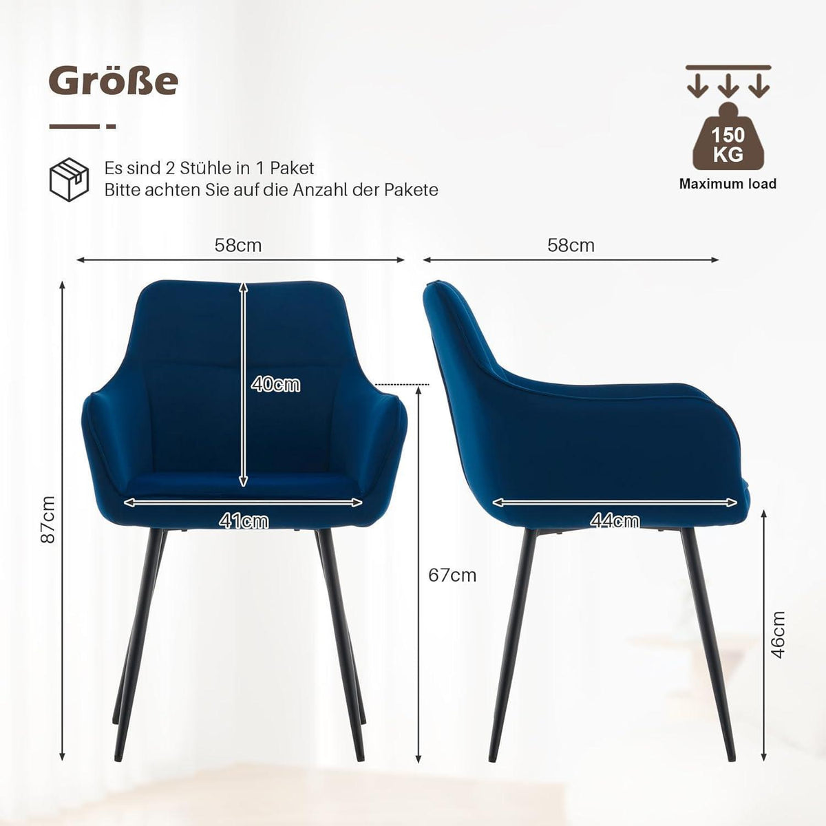 Esszimmerstühle 2er Set Blau Samt mit Armlehne
