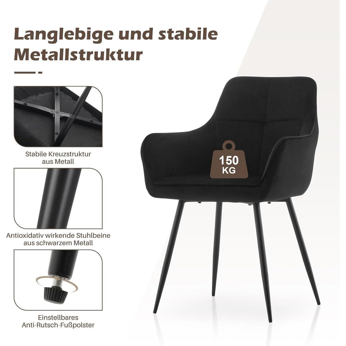 Esszimmerstühle Set 4er mit Armlehne Schwarz Samt