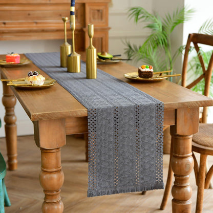 Tischläufer Makramee Grau mit Quasten – Boho Baumwolle Leinen 30x140 cm