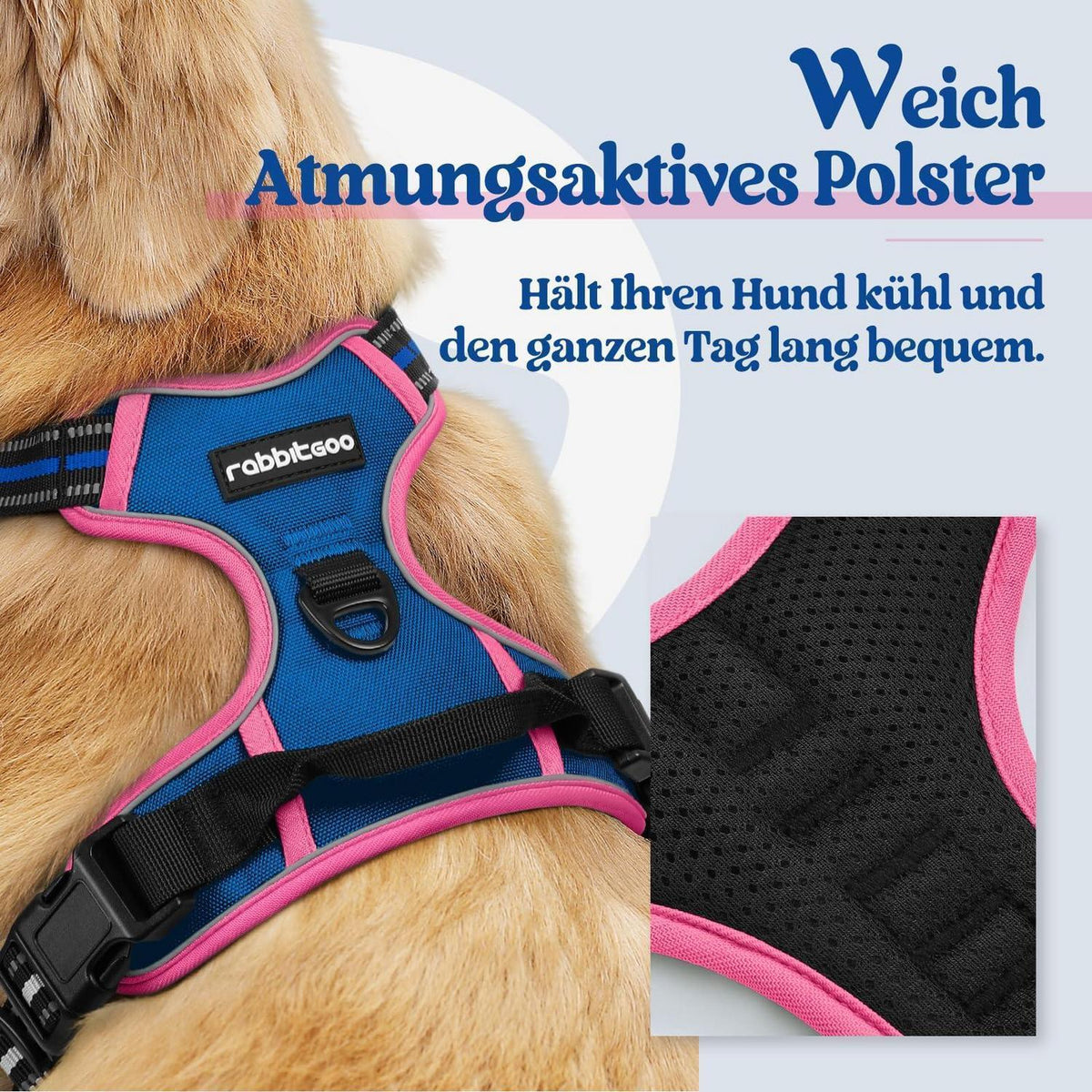 Hundegeschirr mittel, Anti-Zug, Blau & Rosa, Größe S